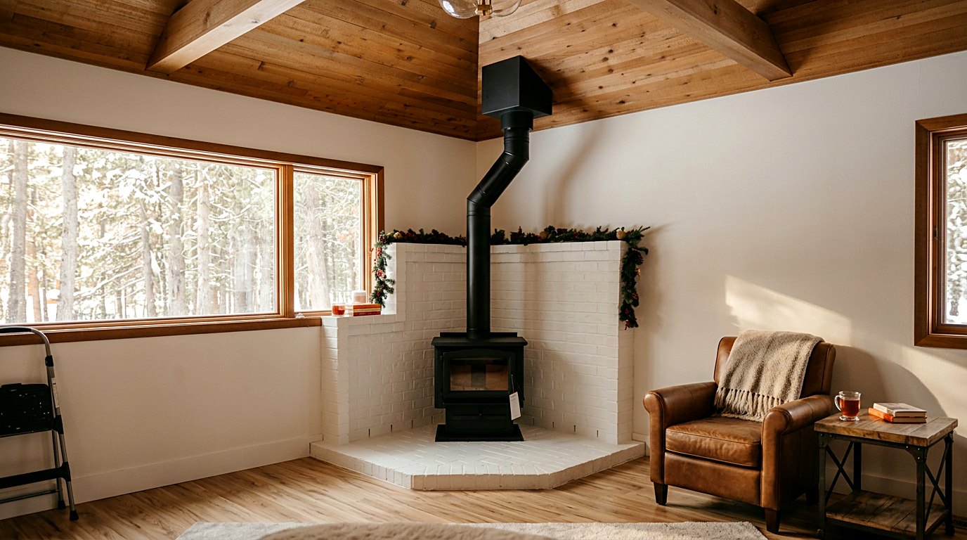 A First Rate Chimney wood stove installation: black stove on a white brick hearth beneath exposed cedar beams